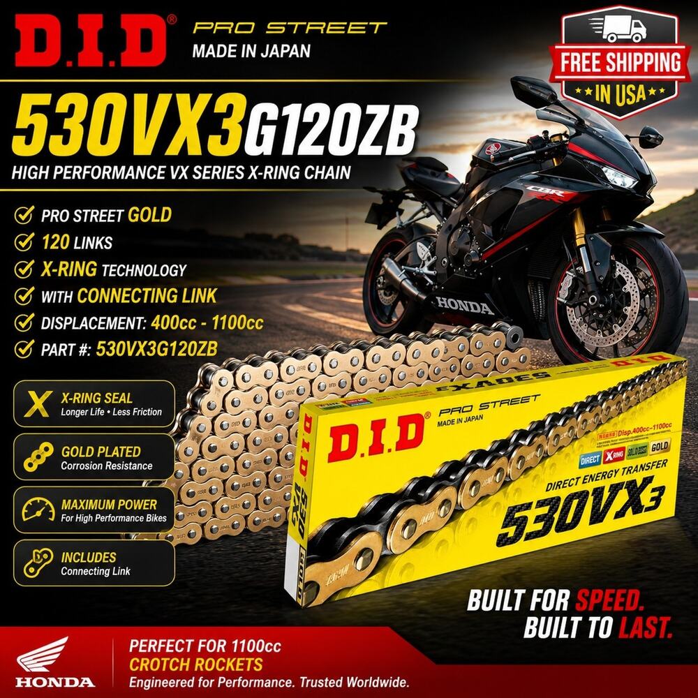 DID 530VX3G120ZB 530VX3 Gold X-Ring Chain 120 Link 400cc-1100cc w/Master Link